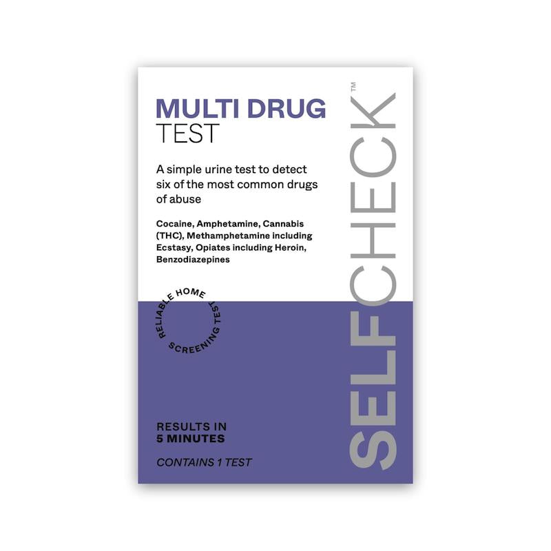 Multi drug test packaging with text on a white background