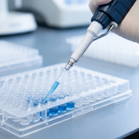 Scientist pipetting a blue solution into an ELISA plate