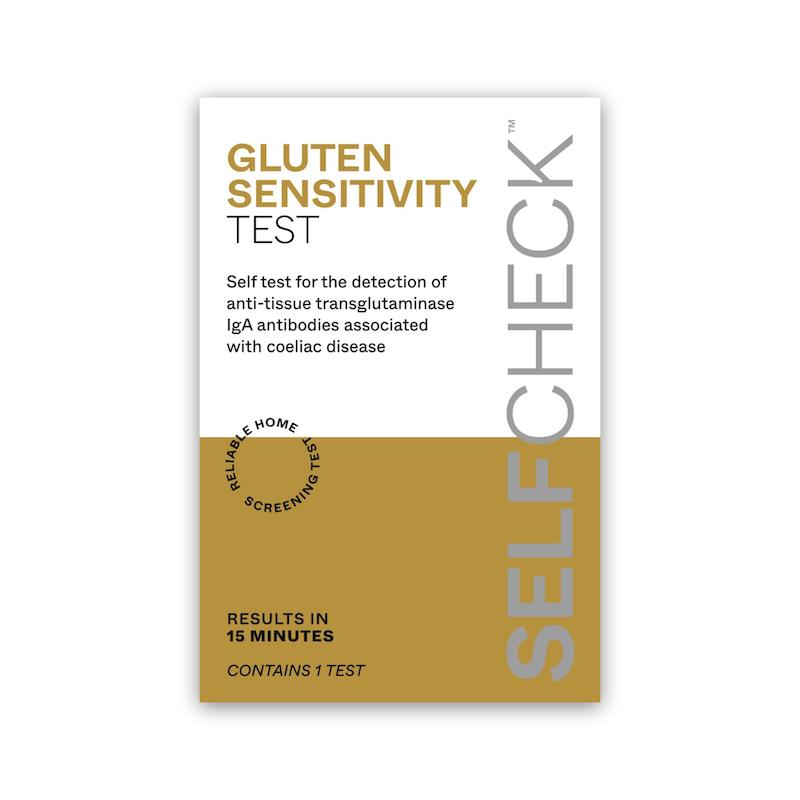 Gluten sensitivity test packaging with text on a white background