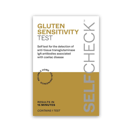 Gluten sensitivity test packaging with text on a white background