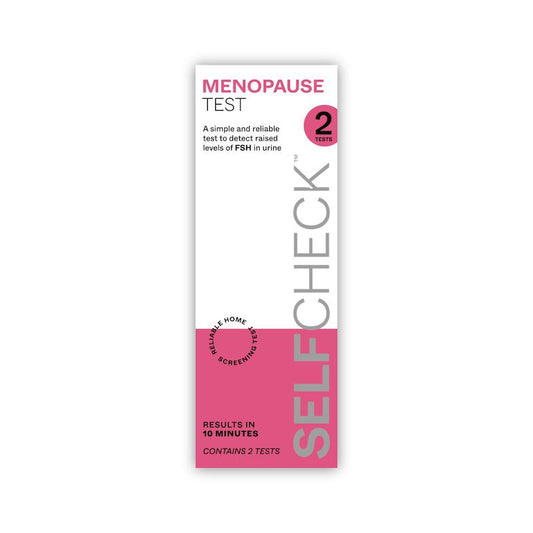 Menopause test kit in pink packaging on a white background