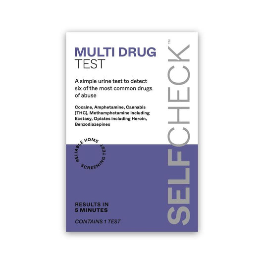 Multi drug test packaging with text on a white background